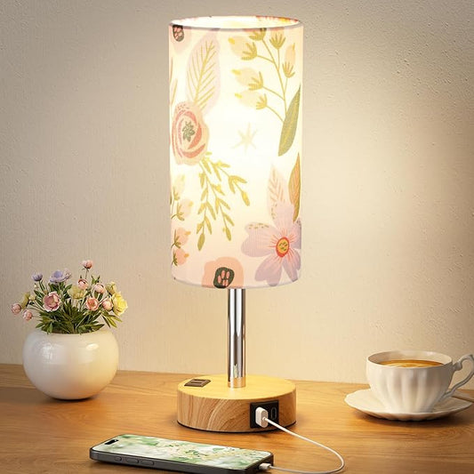 Fenmzee Floral Touch Lamp for Bedroom- 3 Way Dimmable Bedside Lamp USB C A Charging Ports and AC Outlet, Small Table Lamp Floral Linen Lampshade for Gift, LED Bulb Included - Bloomnest