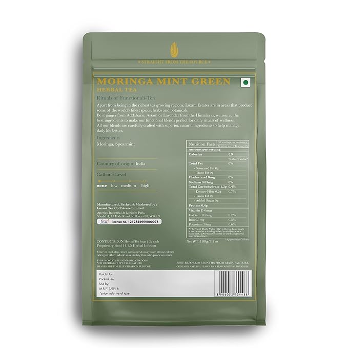 Luxmi Estates Moringa Mint Organic Moringa Mint Green Tea (50 Tea Bags) Caffeine Free Tea Bags For Digestion, Detox, and Stress Relief, With Certified Organic Herbal Tea - Bloomnest