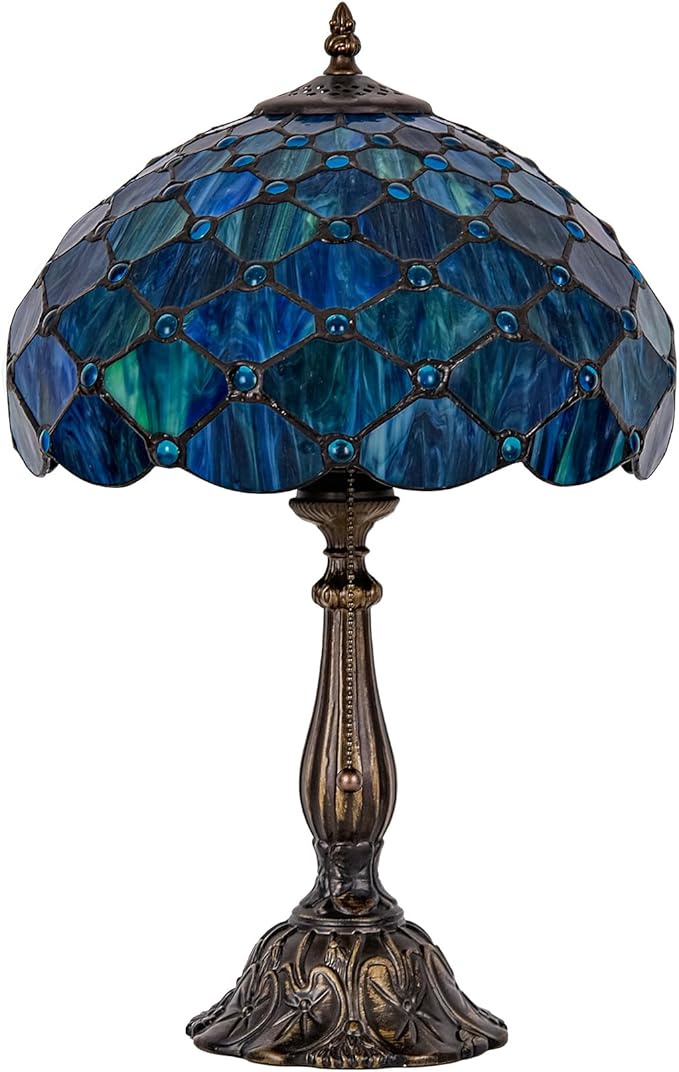 Tiffany Style Table Lamp Vintage Stained Glass Desk Lamp Sea Blue Pearls Bedside Reading Light Decor Bedroom Living Room Entry Home Office D12 xH18 - Bloomnest