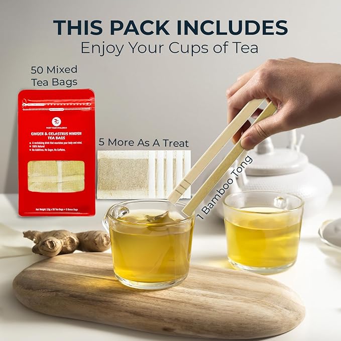 Pure Ginger Tea Bags with Celastrus Hindsii - 55 Count (+5 Tea Bags) - 5.15 oz, Re-Steep Herbal Tea Blend, Corn Based Bags, Bamboo Tong Include, No Sugar Added, Natural Ginger Tea - Bloomnest