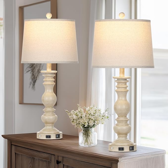 28" Farmhouse Table Lamps Set of 2 with USB C+A Ports & AC Outlet for Vintage Living Room Retro Bedroom,3-Way Dimmable Touch Lamp Resin Bedside Lamps for Nightstand Side End Table, Beige - Bloomnest