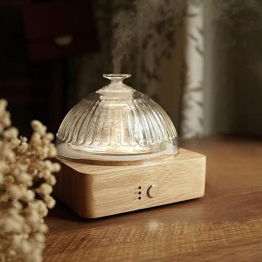 Glass Dome Essential Oil Diffuser with Glass Reservoir & Wood Base-No Plastic, 200ml Ultrasonic Diffuser for Aromatherapy with Timer 7 Color Light Auto-Off for Home Office Yoga Pilates - Bloomnest
