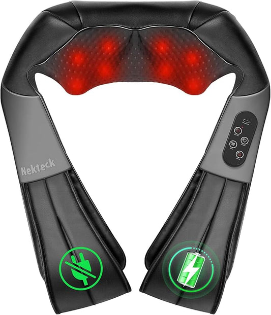 Nekteck Cordless Shiatsu Neck and Back Massager with Soothing Heat, Rechargeable Electric Deep Tissue 3D Kneading Massage Pillow for Shoulder Leg Body Muscle Pain Relief, 3 Speed Intensities