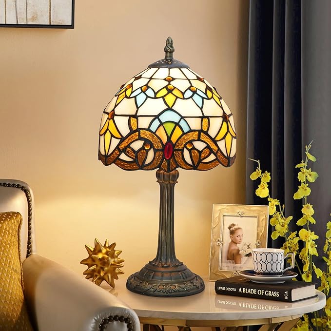 Tiffany Table 8 Inch Small Stained Glass Table Lamp Retro Baroque Reading Light, Suitable For Bedrooms Living Rooms Offices Study Rooms Tiffany Style Retro Home Decoration Crafts (Yellow, Brown) - Bloomnest