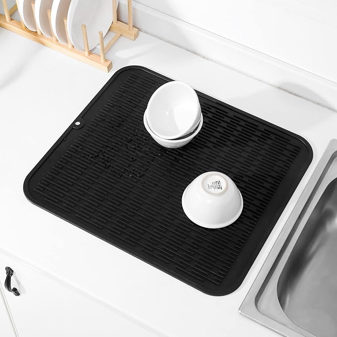 Silicone Dish Drying Mat for Multiple Usage,Easy clean,Eco-friendly,Heat-resistant Silicone Mat for Kitchen Counter or Sink,Refrigerator or Drawer Liner Black 2XL 24 inches x 18 inches - Bloomnest