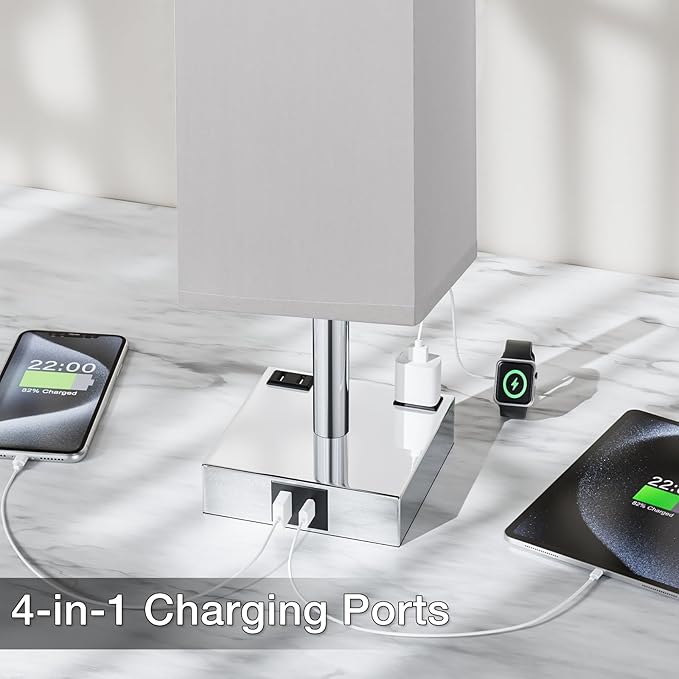 Touch Bedside Table Lamp Set of 2-3-Way Dimmable Night Lamp with USB A + Type C Charging Ports and Two AC Outlets, Small Desk Light with E26 LED Bulb for Bedroom Living Room Dorm Office - Bloomnest