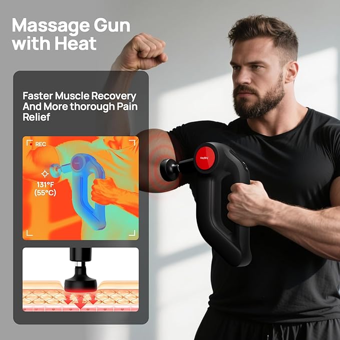 Deep Tissue Massage Gun with Heat, 12mm Amplitude Percussion Massager for Athletes & Muscle Relief, Professional Handheld Masssger Gun for Neck, Back, Shoulder, Leg, Gift for Men, Black - Bloomnest