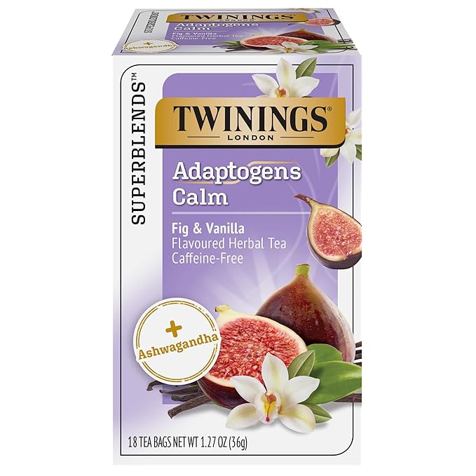 Twinings Superblends Adaptogens Calm with Ashwagandha Fig & Vanilla Flavoured Herbal Tea Caffeine-Free, 18 Tea Bags (Pack of 1), Enjoy Hot or Iced