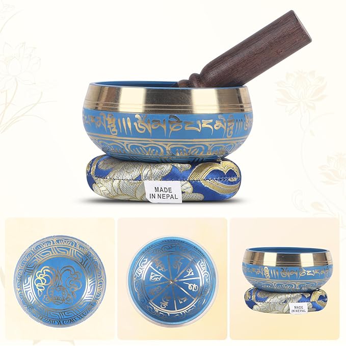 Kmise Tibetan Singing Bowls Set- Handmade in Nepal Meditation Sound Bowls for Yoga, Meditation, Mindfulness, Healing and Chakra Balancing, Stress Relief (3.5', Blue) - Bloomnest