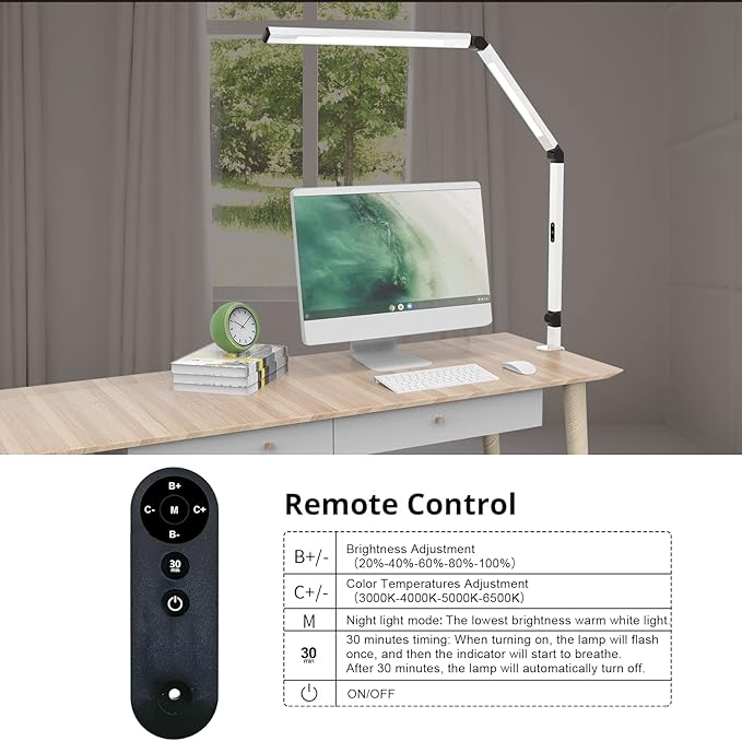 Micomlan LED Desk Lamp for Home Office, Architect Clamp Desk Lamp with Remote Control, Adjustable Dimmable Swing Arm Clamp on Table Light Clip-on Dual Light 5 Brightness Levels & 4 CCT Modes - Bloomnest