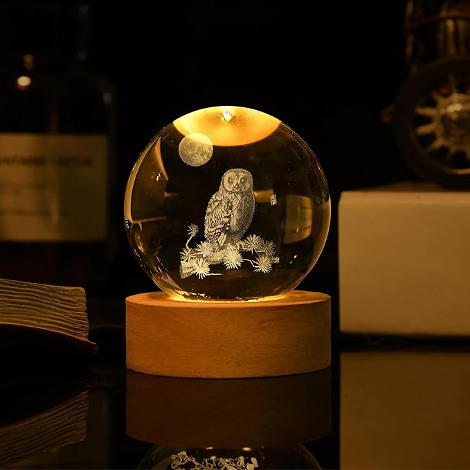 3D Laser Etched Owl Crystal Ball with LED Stand, Glass Owl Animal Figurine Lamp Night Light Gifts for Women Kids(2.4 in) - Bloomnest