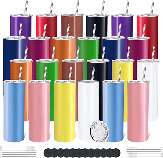 YOUKE OLA 24 Pack Stainless Steel Skinny Tumblers 20oz - Bulk Straight Double Wall Vacuum Insulated Tumbler with Lid and Straw & Silicone Base for Travel, DIY (Mixed Colors) - Bloomnest
