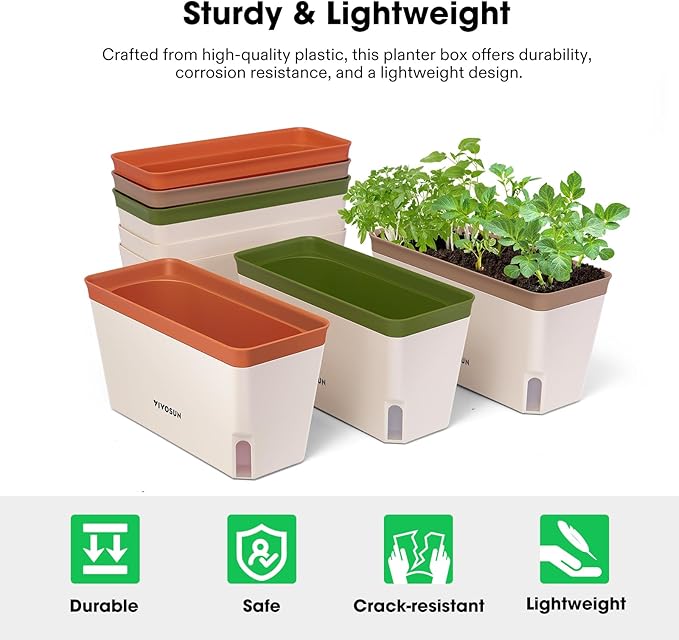 VIVOSUN Self-Watering Planters, 6-Pack 10.5 Inch Compact Rectangular Window Herb Planter Box with 10 PCS Plant Labels, Plant Container for Basil, Flowers, Succulents, Indoor & Outdoor - Bloomnest