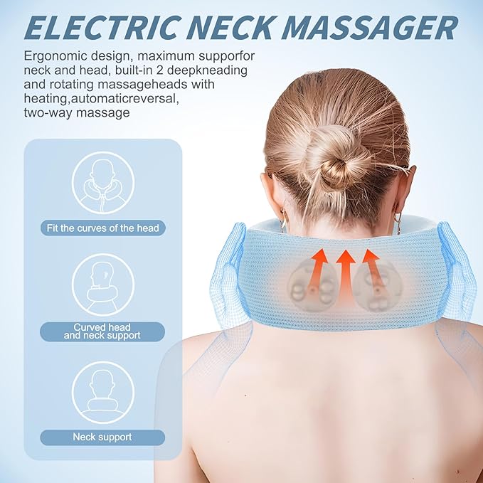 Electric Neck Massager,Portable Travel Pillow with Massage and Heat,Rechargeable Vibrating Neck Pillow Massager,Perfect for Pain Relief at Home, Office,Travel,Fathers Day Gift Ideas(Blue) - Bloomnest
