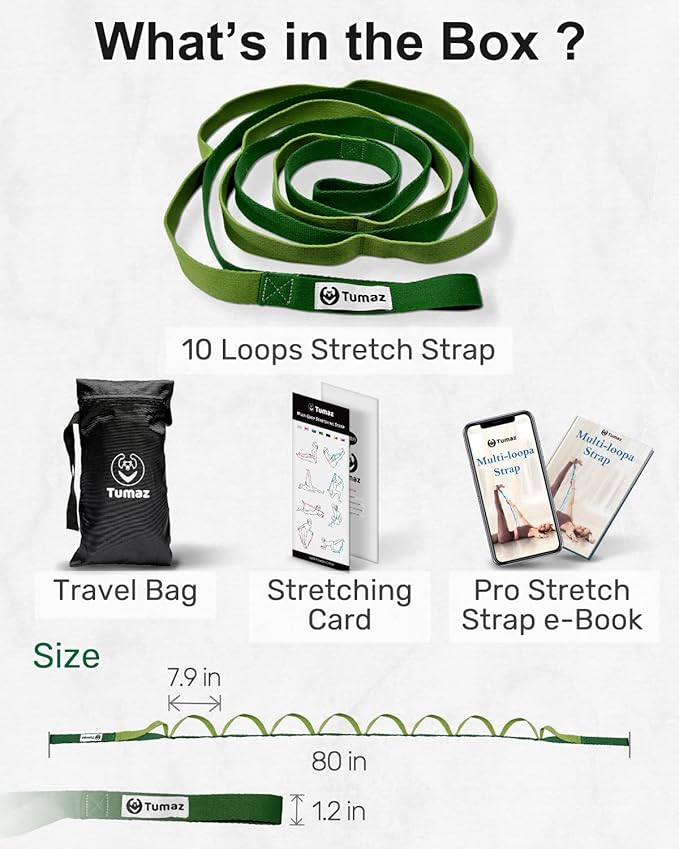 Tumaz Stretching Strap - 10 Loops & Non-Elastic Yoga Strap - The Perfect Home Workout Stretch Strap for Physical Therapy, Yoga, Pilates, Flexibility - [Extra Thick, Durable, Soft] - Bloomnest