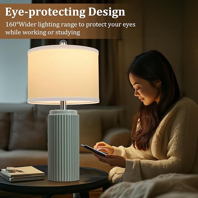 TOBUSA 23.5’’ Modern Green Ceramic Table Lamps Set of 2 for Living Room, Farmhouse Ceramic Bedside Nightstand Lamps for Bedroom, Vintage Decorative Boho Lamps for Home End Table Dorm Office - Bloomnest