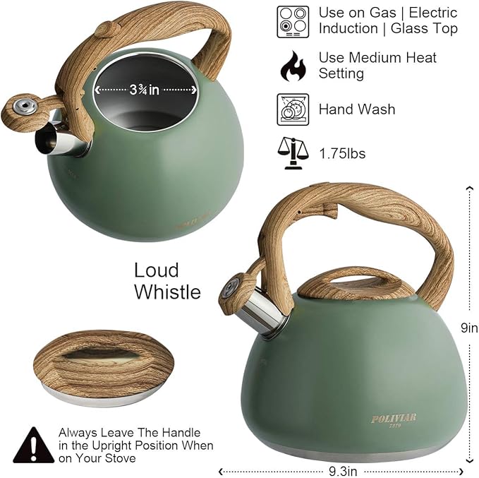 Poliviar Tea Kettle, 2.7 Quart Seaweed Green Finish with Wood Pattern Handle Loud Whistle Food Grade Stainless Steel Teapot, Anti-Hot Handle and Anti-Rust, Suitable for All Heat Sources (JX2020-SB30) - Bloomnest