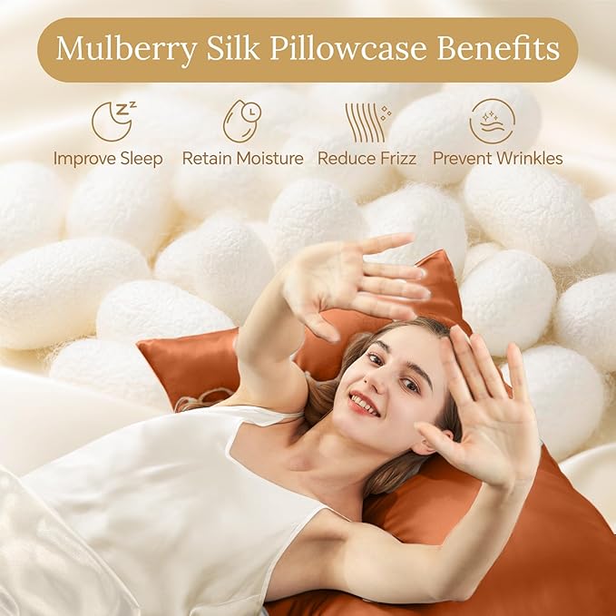 INFIIXSO Mulberry Silk Pillowcase for Hair and Skin, Silk Pillow Cases Queen Size with Hidden Zipper 20x30 Inches, Super Smooth and Soft Cooling Pillow Cases for Hot Sleepers(Orange, 1 Pack) - Bloomnest