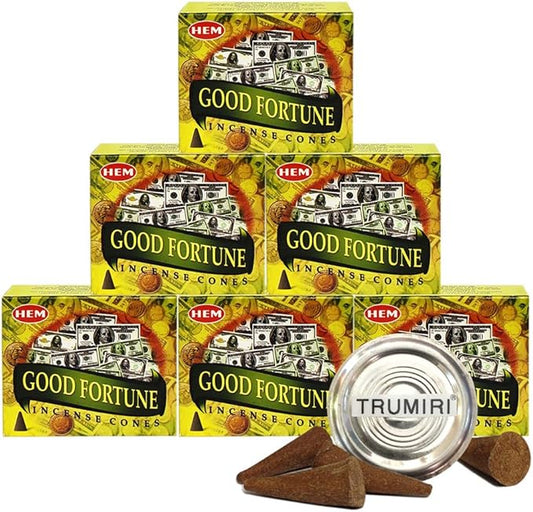TRUMIRI Incense Cone Holder Bundle with Hem Good Fortune Incense Cones - Pack of 6 (Approx 60 Cones) TRUMIRI
