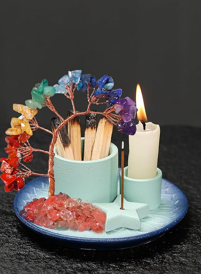 Multifunction Incense and Candle Holde, Crystal Tree Palo Santo Burning Sage Burner, Smudge Bowl Ash Catcher, Coffee Table Centerpiece Decor for Living Room, Women Gifts for Christmas - Bloomnest