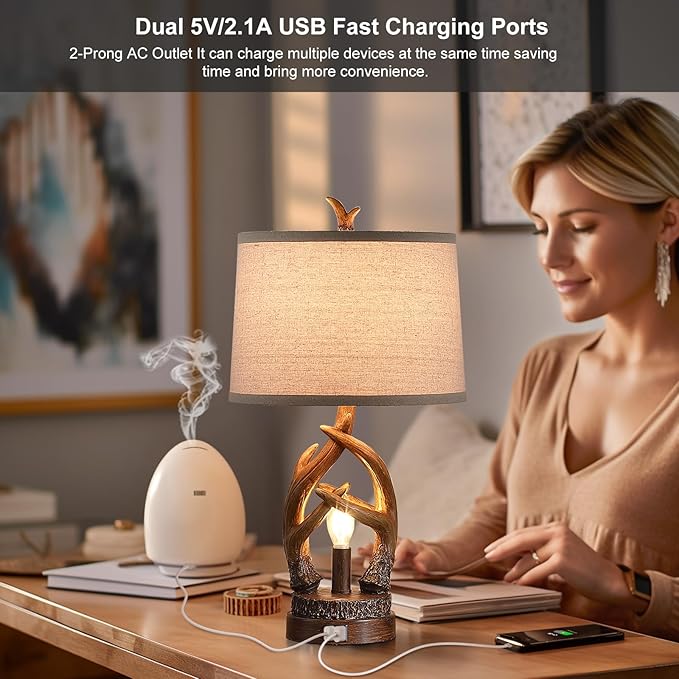 Rustic Table Lamps Farmhouse Antler Lamps Set of 2 Western Bedside Lamps for Bedroom with USB Charging Ports Nightlight,Vintage Resin Nightstand Table Lamps for Living Room (Bulbs Included) - Bloomnest