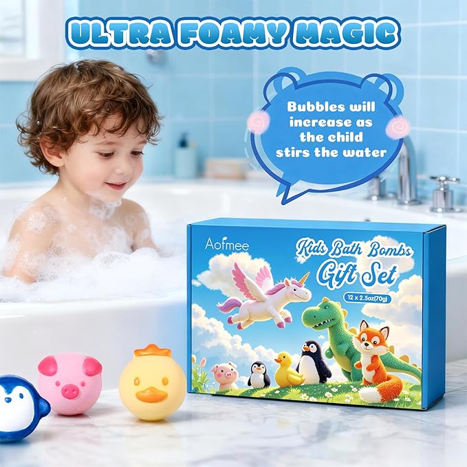 Aofmee Bath Bombs for Kids, 12 Pcs Kids Bath Bombs with Essential Oil, 6 Animal Shapes and Fruity Aroma, Natural Organic Spa Gift Set for Boys Girls, Birthday Christmas Halloween - Bloomnest