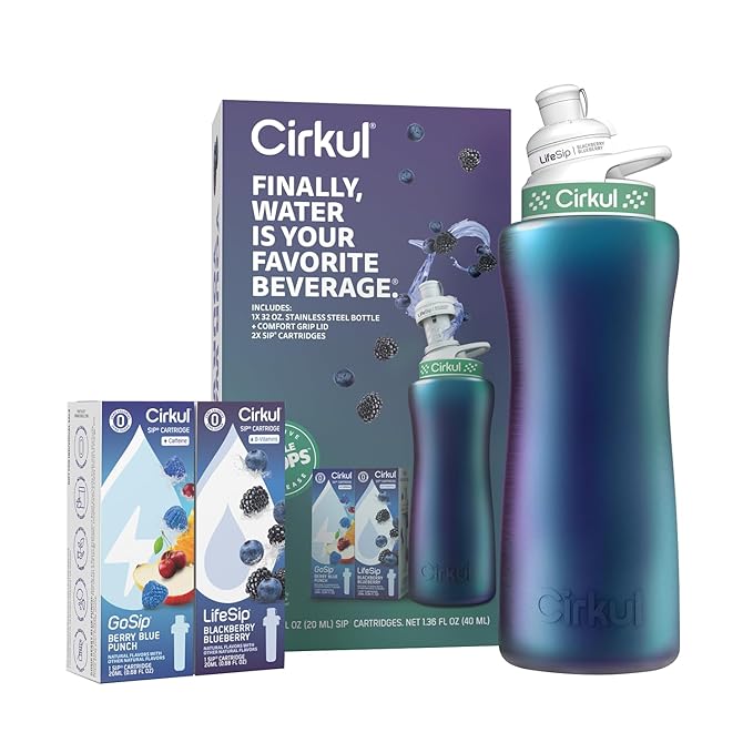 Cirkul 32oz. Chameleon Stainless Steel Water Bottle Starter Kit with Green Lid, 2 Flavor Cartridges (1 LifeSip Blackberry Blueberry, 1 GoSip Berry Blue Punch) No Sugar, Zero Calorie Drink Mix Cirkul