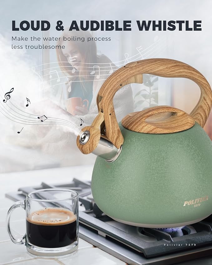 POLIVIAR Tea Kettle, 2.7 Quart Stovetop Tea Kettle, Audible Whistling Teapot with Crackle Finish, Food Grade Stainless Steel for Anti-Rust, Anti Hot Handle, Suitable for All Heat Sources (JX2023-LRG) - Bloomnest