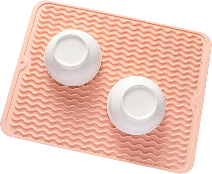Silicone Dish Drying Mat for Multiple Usage,Easy clean,Eco-friendly,Heat-resistant Silicone Mat for Kitchen Counter or Sink,Refrigerator or drawer liner Pink L 16 inches x 12 inches - Bloomnest