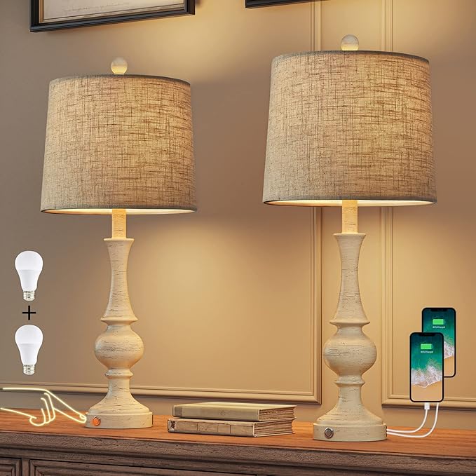 Oneach 24.5 inches 3 - Way Dimmable Touch USB Farmhouse Table Lamps Set of 2 for Living Room Bedroom Rustic Bedside Nightstand Lamp with USB Ports 2 Bulbs Included - Bloomnest