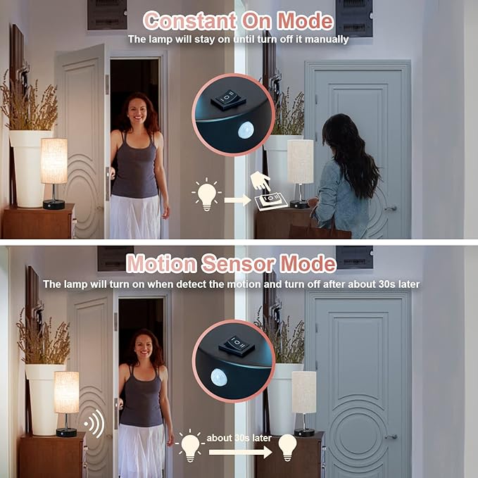 Table Lamp with Motion Sensor and Constant on Mode, USB Lamp Include Warm White Bulb, Built in USB Port & AC Outlet, Bedside Lamp Idea for Bedroom Retro Cream - Bloomnest
