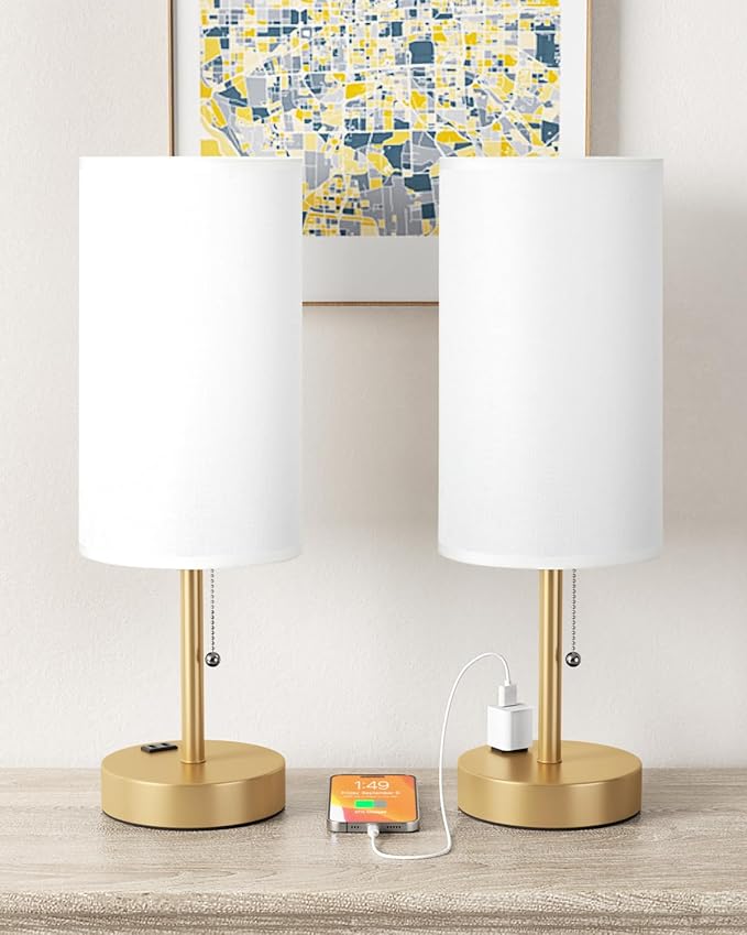 Fenmzee Plus Gold Bedside Lamps Set of 2-3 Color Temperatures Pull Chain Lamp with AC Outlet Charging Port, Round Night Stand Lamps for Bedroom, Bed Side Light with E26 LED Bulbs - Bloomnest