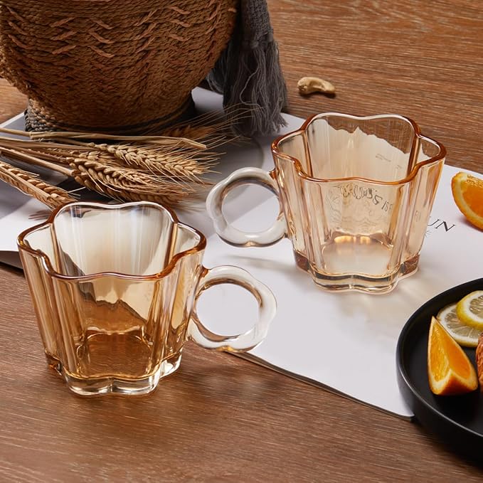 Vintage Glass Coffee Mugs Set of 4, 11oz Creative Flower Glass Coffee Cups with Spoons - Cute Tea Cups with Handle, Art Glassware, Unique Birthday Gifts - Bloomnest