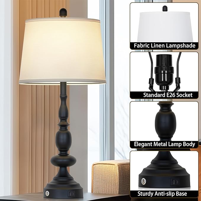 29" Black Modern Table Lamps Set of 2, Industrial Touch Control 3-Way Dimmable Bedside Lamp with USB C+A Ports, Metal Nightstand Lamps for Living Room Bedroom Office Home(2 LED Bulbs Included) - Bloomnest
