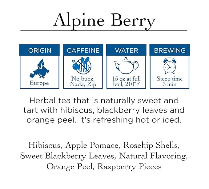 Two Leaves and a Bud Alpine Berry Herbal Tea Bags, Naturally Caffeine Free, Whole Leaf Herbal Tea with Hibiscus in Sachets, 15 Count (Pack of 6) - Bloomnest