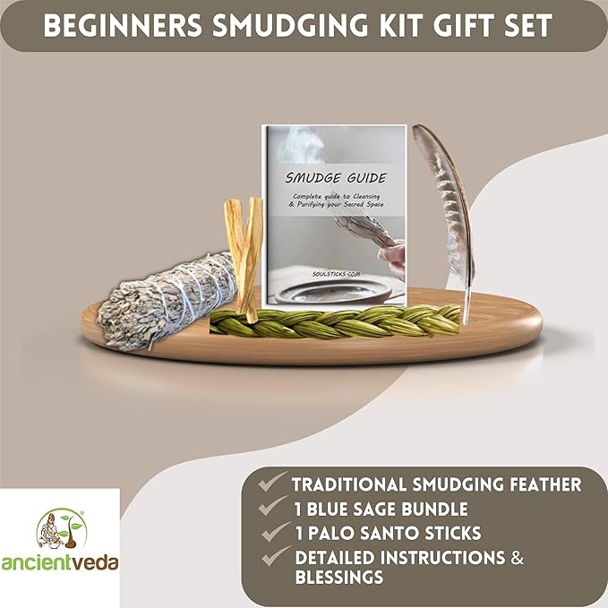 Ancient VEDA Organic Smudge Kit – Blue Sage, Palo Santo, Sweetgrass Braid, Feather & Smudge Guide | Home Cleansing Kit for Meditation, Yoga, Energy Healing & Gift (Starter Kit, Blue Sage)