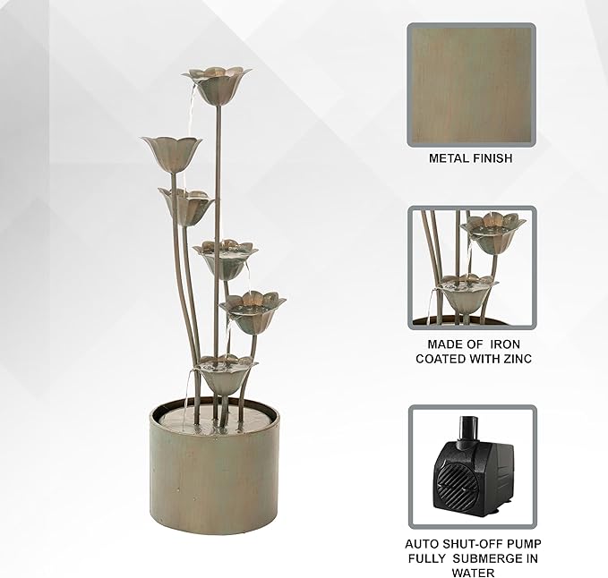XBrand Freestanding Sculptural Metal Multi-Tiered Flower Water Fountain, No LED Lights, Silver, 35" Tall