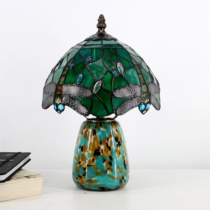 Tiffany Mushroom Table Lamp Dragonfly Style Green Stained Glass Accent Lamp Brown Blue Glass Base 8X8X12 Inch - Bloomnest