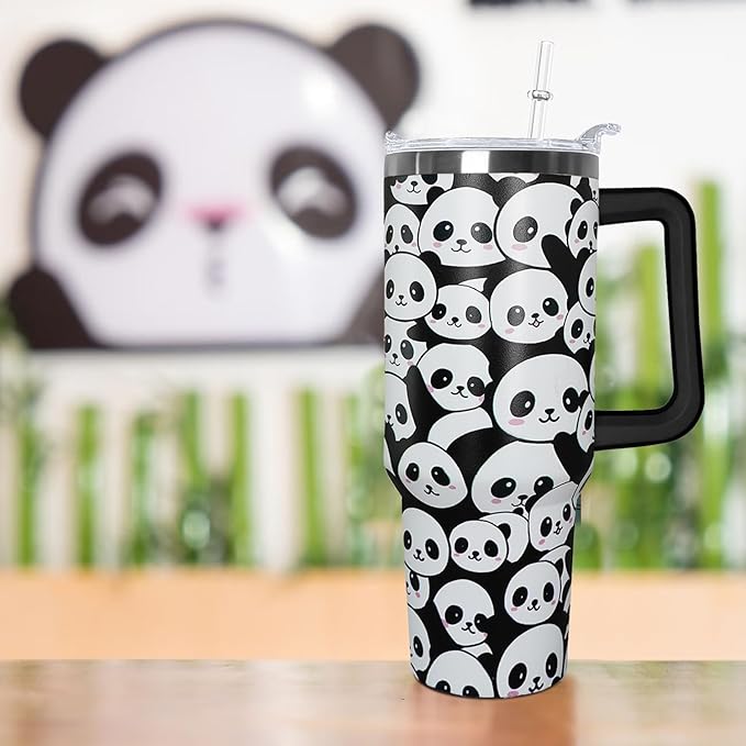 40 oz Panda Tumbler With Lid and Straw, Stainless Steel Cup Coffee Travel Mug, Gifts for Girls, Panda Stuff Decor Accessories - Bloomnest