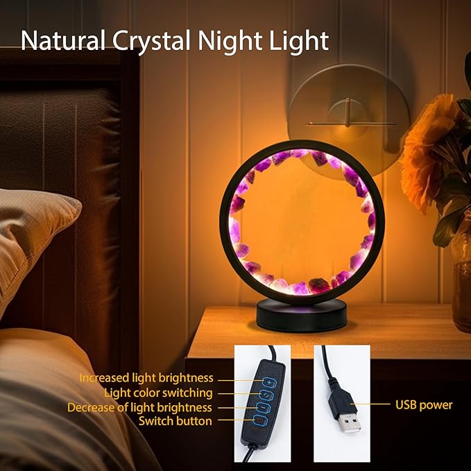 Runyangshi Amethyst Night Lamp 8.6" Natural Healing Crystal Bedside Lamp USB Port 3 Colours Dimming Mode Bedroom Lamp Suitable Night Light for Living Room Bedroom Office Home Decor Ideal Gift - Bloomnest