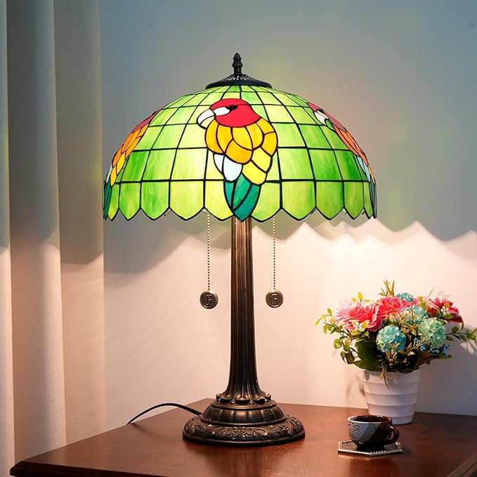 Tiffany Table Lamp Green Stained Glass Parrot Style Bedside Lamp 16X16X23 Inches Desk Decor Light Classic Farmhouse Reading Table Lamps for Home Office - Bloomnest