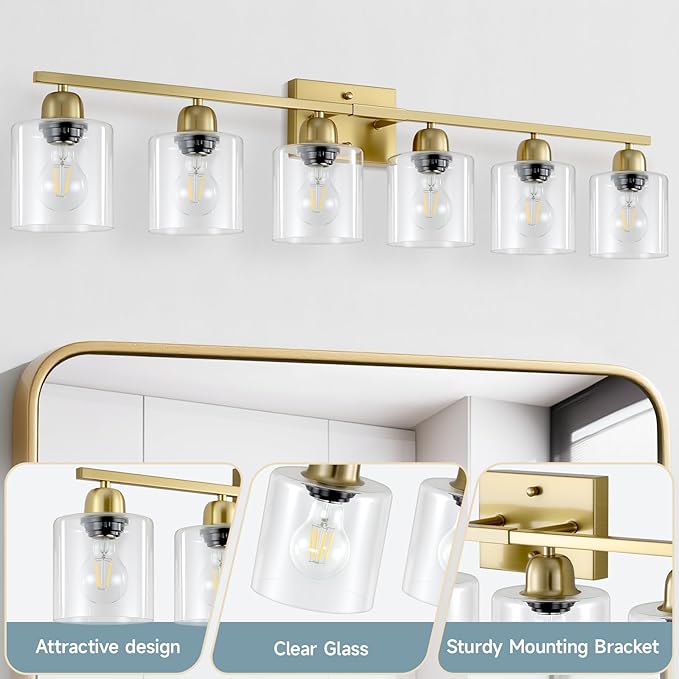 Modern Brushed Gold 6 Light Bathroom Light Fixtures,38 inch Vanity Lights for Bathroom with Clear Glass, Vanity Light for Mirror Kitchen Living Room Hallway Cabinet Porch - Bloomnest