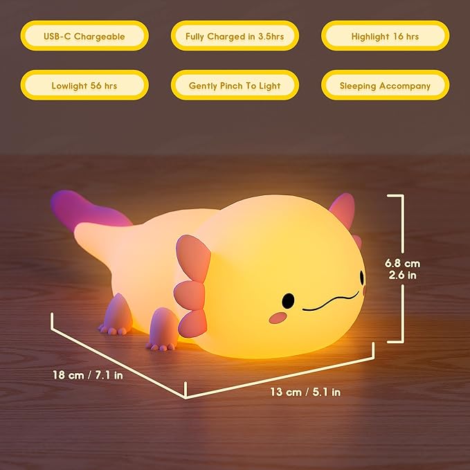 UNEEDE Axolotl Night Light for Kids,Animal Silicone Nursery Night Lamp, Rechargeable Table Lamp Bedside Lamp,Cute Room Decor Night Light for Bedroom,Living Room,Dining,Desk Decorations,Gift - Bloomnest