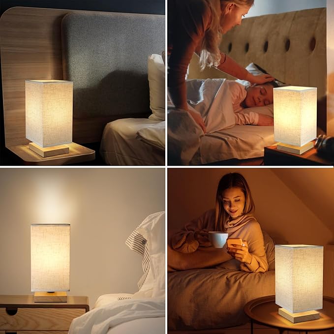 Small Square Bedside Table Lamp for Bedroom, Minimalist Wood Base & Round Fabric Shade, Mini Cute Cozy Warm Nightstand Boho Lamp, Study Desk Night Stand Light for Room, Dorm, Nursery, Living Room - Bloomnest