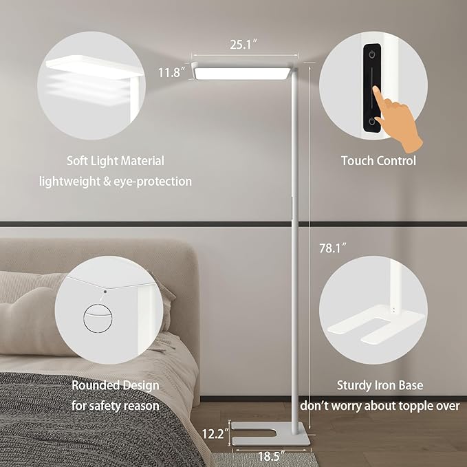 LED Floor Lamp 78ines Tall Floor Lamp 80W White Mordern Office Standing Lights Eye-Care Reading Lamps for Living Room Study Bedroom 4000K Daylight - Bloomnest