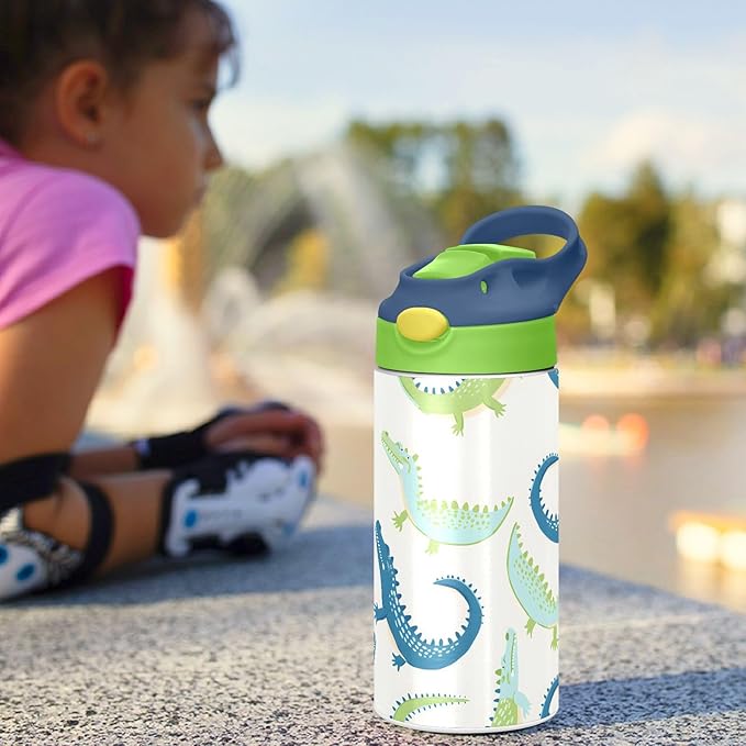 Alligator White Pattern Kids Water Bottle with Straw Lid Insulated Tumbler with Handle Stainless Steel Reusable Toddlers Cup for Kids Boys 12 oz - Bloomnest