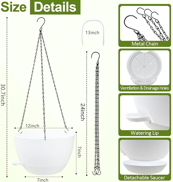 WOUSIWER Self Watering Hanging Planters, 2 Pack 12'' Plastic Pots with Drainage Holes & Reservoir Tray (White) | Indoor & Outdoor Use for Ferns, Ivy, Herbs, Succulents - Bloomnest