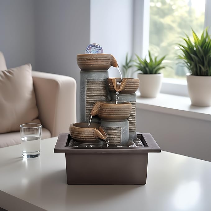 Soothing 4-Tier Tabletop Fountain with led Crystal Ball - Indoor Waterfall Fountain for Desk, Perfect Zen Decor for Office, Home, or Gift, Featuring Quiet Pump and Compact Design GIDITA