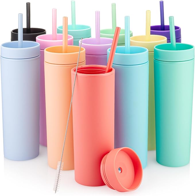 STRATA CUPS Multicolor Skinny Tumblers with Lids and Straws (12 pack) - 16oz Double Wall Acrylic Tumbler, Tall Matte Skinny Tumblers, Bulk with Free Straw Cleaner, Reusable Cups - Bloomnest