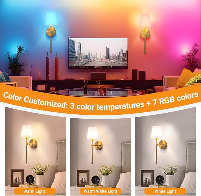 Battery Operated Wall Sconces Set Of 2, Wireless Battery Wall Light With 10000mAh RGB Rechargeable Magnetic Bulb, Rechargeable Wall Sconce With Remote Control For Bedroom, No Electrician Required - Bloomnest